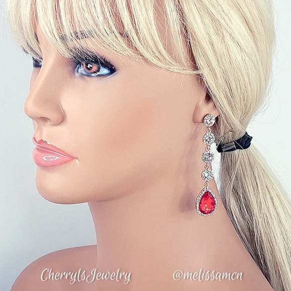 Long Red Crystal Rhinestone Occasion Earrings - Picture 3 of 5